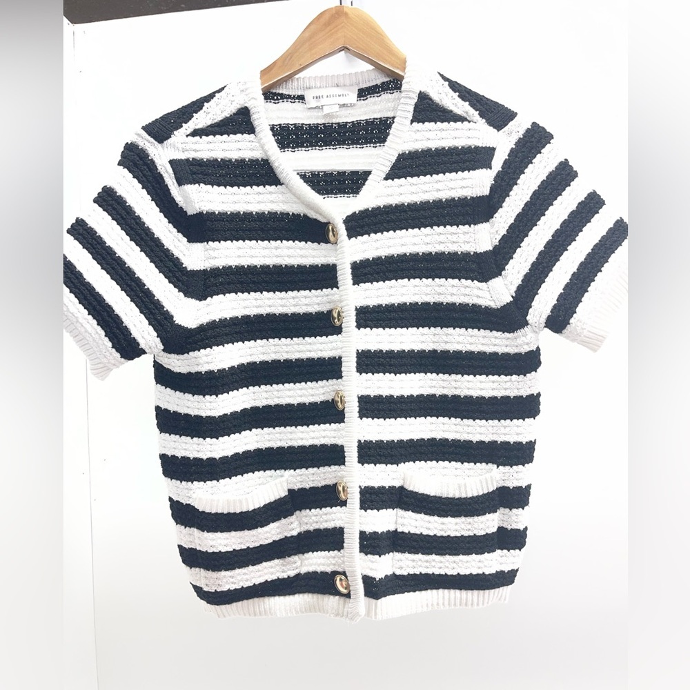 Striped Short-Sleeve Cardigan Sweater - Navy & White